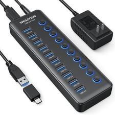 Powered USB Hub, 10-Ports USB Splitter Hub 3.0 with Individual LED On/Off Swi...