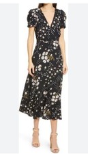 Madewell size 2 puff-sleeve wrap front midi dress in polka daisies zip close