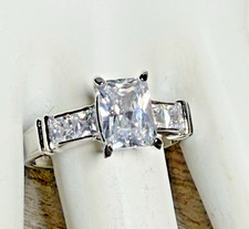 Solid 925 Sterling Silver Engagement Ring 1.7 Ct Center CZ and 2 Side CZs Size 9