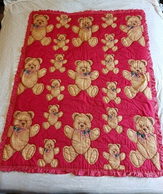 Vintage Quilt Decke Handarbeit Teddybären Punze rot grün Schleifen Geschenk Retro