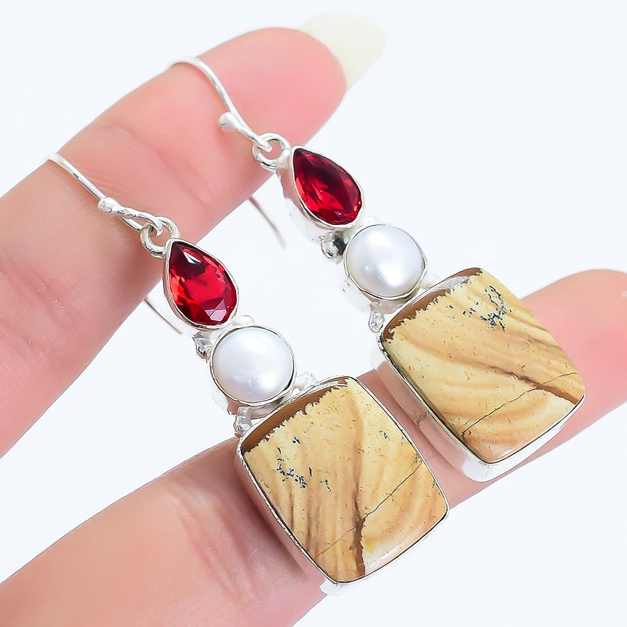 Aretes De Joyería De Plata Con Piedra Jasper, Perla, Granate 2.2" ERJ17175