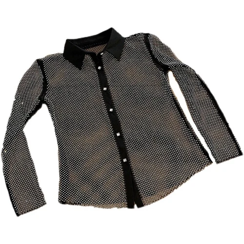 Lady Rhinestone Crystal Shirt Party Blouse Net Sheer Shiny Glitter Club Wear - Picture 7 of 16