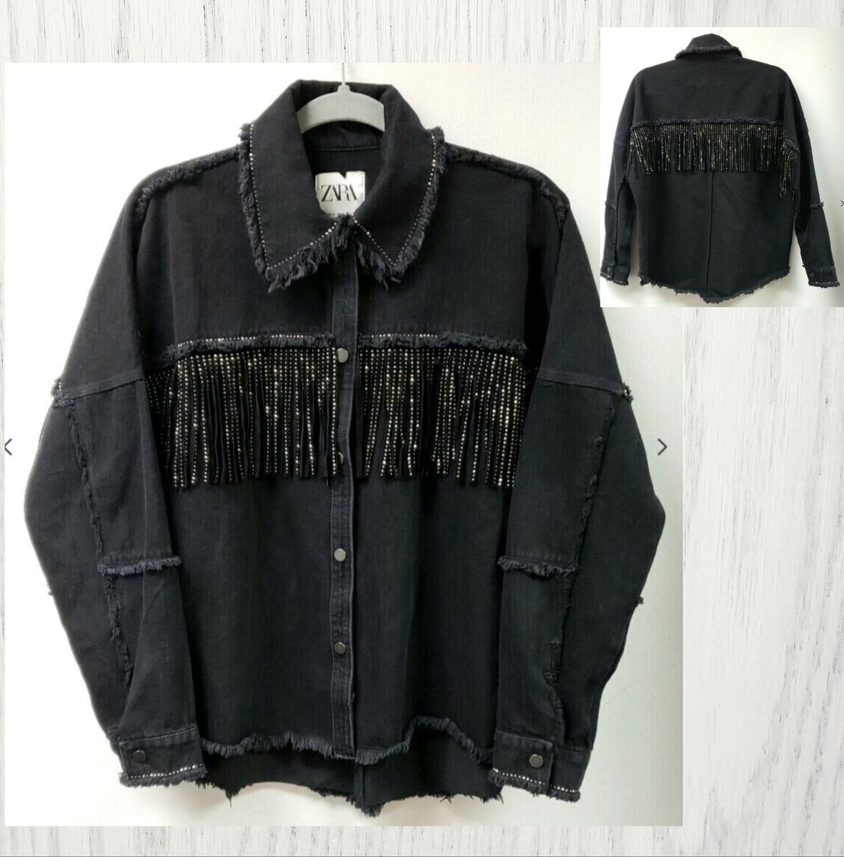 ZARA BLACK DENIM JEAN JACKET BLING* FRINGE WESTERN COWBOY ZARA BLACK DENIM JEAN JACKET BLING* FRINGE WESTERN COWBOY
