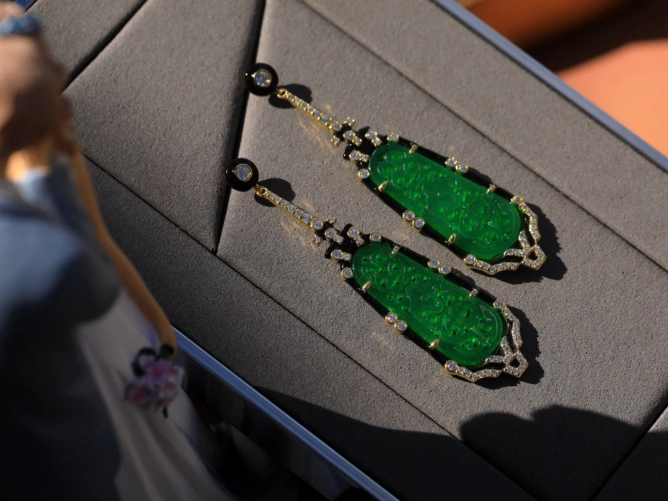 Ohrringe Clip On Golden Jade Geschnitzt Grün Kunst Deko 1920s Antik Stil SB2 - Bild 4 von 4