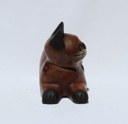 Handcarved Wooden Kneeling Cat Looking Sideways 10cm Fair Trade from Thailand - Picture 4 of 4