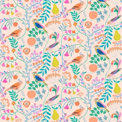 Fat Quarter Dashwood Studios Singvogel Blume Blatt Pfirsich Birne 100 % Baumwollstoff