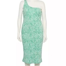 NWT Nine West Womens Dress L One Shoulder Tiger Stripe Green Ribbed Knit Bodycon