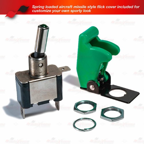 2x 12V 20A SPST Toggle Switch ON/OFF GREEN LED SOLID Color Aircraft Spring Cover - Picture 3 of 7