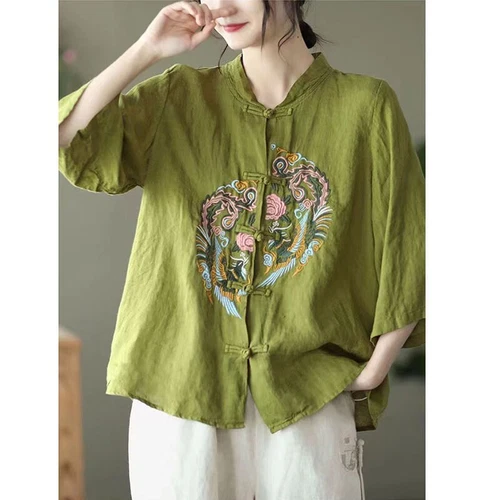 Chinese style cotton linen shirt embroidered top women's stand up collar party- - Bild 5 von 22