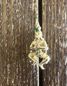 Authentic Vintage Gold Plated Buddha Blue Green Rhinestone Faux Pearl Figural Pin
