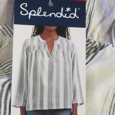 SPLENDID Linen Blend V-Neck Blouse Size M Grey Purple White Strip Shirt Top NWT