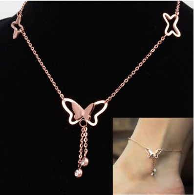 10'' Rose Gold Stainless Steel Butterfly Tassel Anklet Foot Chain Bracelet Beach