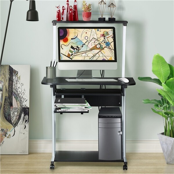 Rolling Computer Desk with Shelves Keyboard Tray PC Study Desk for Home Office