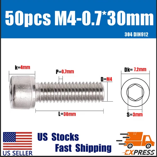 50PCS New M4 X 30mm 304 Stainless Steel Allen Hex Socket Cap Head Screws DIN912