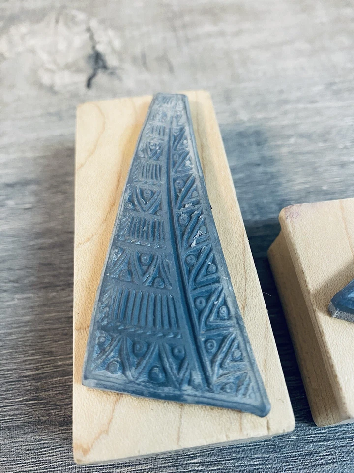 2 estampillas de goma vintage en bloque de madera magenta diseño geométrico azteca Foto 3 de 4