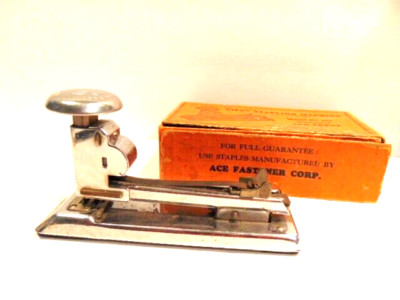 older heavy desktop ''Pilot Stapling Machine'' with original, damaged box