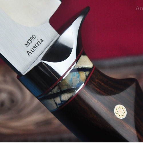 Coltello Bowie Premium M390 Acciaio Lama Fissa Manico Ferrowood con Custodia in Pelle - Foto 12 di 24