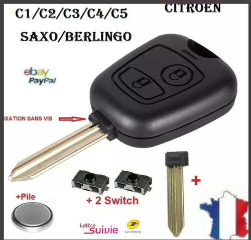 Coque De Clé Télécommandée Sans Vis Pour Citroën Xsara, Saxo, Picasso, Berlingo - Inclut 2 Boutons Et Pile Neuve