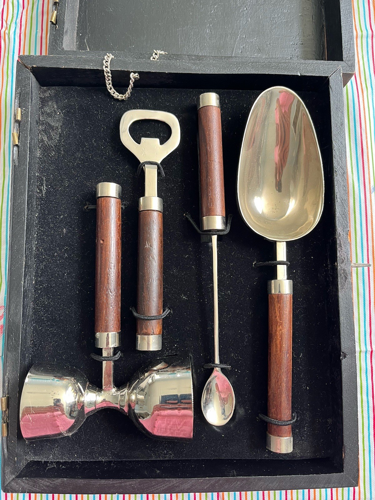 MCM Stainless Steel Wood Handle Bar Set Vintage Barware 4 Utensils Box Mixology