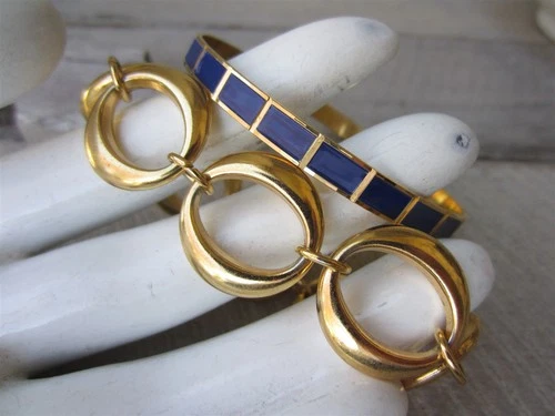 Vintage TRIFARI Gold Tone O Link Chain Bracelet & Blue Enamel Panel Bangle LOT