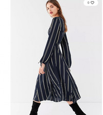 Urban Outfitters Audrey Blue Striped Long-Sleeve Wrap Midi Dress Size Small