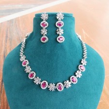 American Diamond Ruby Stone CZ Necklace Set Indian Weding Women Jewelry set RM83