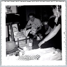 Vtg B&W Snapshot Women Opening Gifts In Living Room Midcentury Dresses 1959
