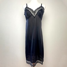 Vintage 80s Black Babydoll Romantic Gothic Coquette Lace Trim Nylon Slip Dress S