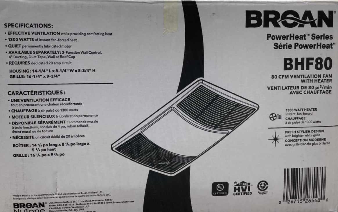 Broan BHF80 PowerHeat Series 80 CFM Ceiling Bathroom Ventilation Fan W/Heater