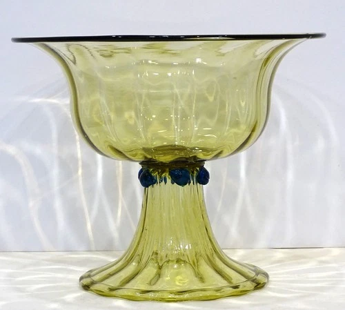 Antique CARDER STEUBEN Art Glass BRISTOL YELLOW AMBER & BLUE PRUNTS Compote Bowl