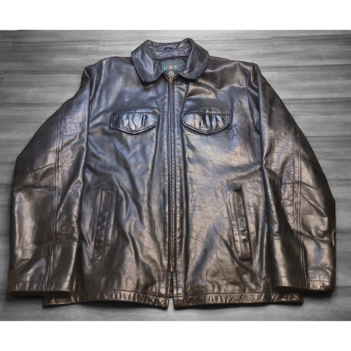 【安値】90'sJ.Crew-Leather jacket (size L) Vintage J.Crew Men's Leather Jacket L Black 90s Biker Full