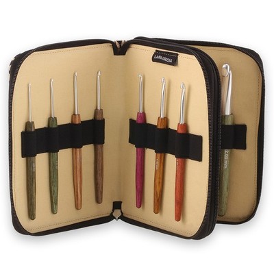 Lana Grossa KnitPro Häkelnadel-Set Alu Holzgriff 14 Nadeln im stilvollen Etui