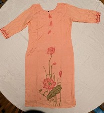 Hand-Painted Peach Kurta - Floral Lotus Design, Size M/40 Unbranded Wearable...