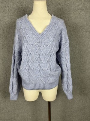 Hippie Rose Juniors' Women'sHeart Cable-Knit V-Neck Sweater Frozen Peri Med NWTs