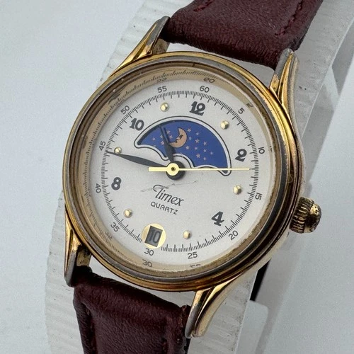 VTG Timex Quartz Watch Women Moon Phase Gold Tone Date Leather Analog New Batter