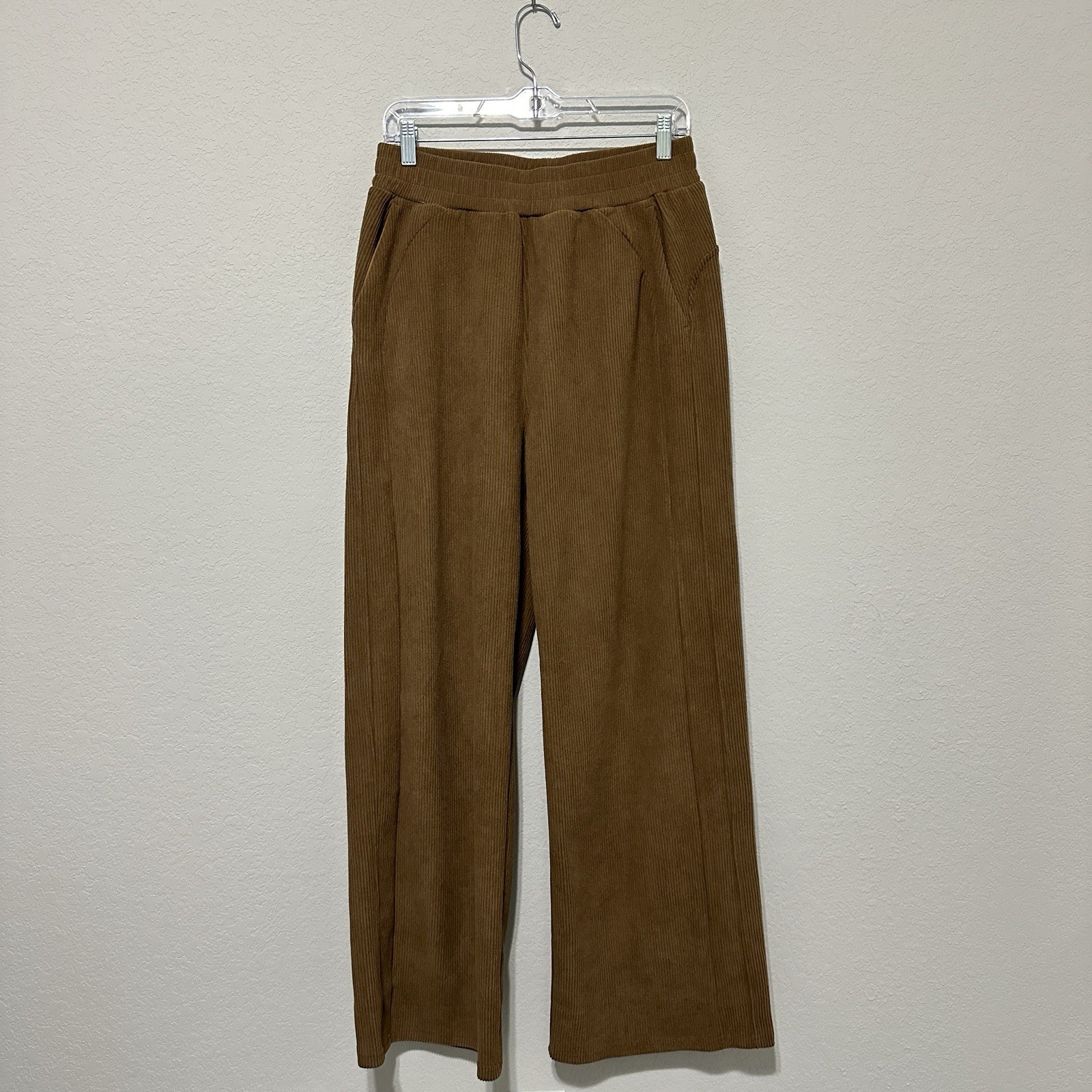 Halara Ribbed High Waisted Straight Leg Pants with Side Pockets Brown Size M
