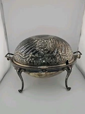 ​Antique Derby Silver Co Bell Mark Silverplate Roll Top Chafing Dish Ornate