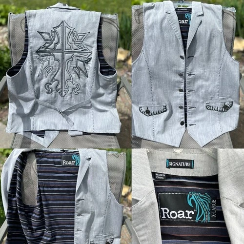 Roar Men’s Size XL Cotton Vest Quilted Back Striped Lined Adjustable Back Belt - product listing photo