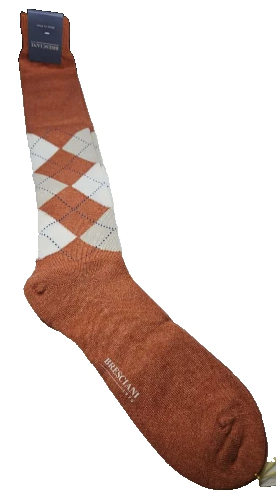 Bresciani Men’s Italian Socks Argyle Orange/white/Beige 100% Cotton Size L - NWT