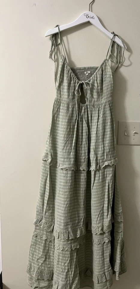 Maxi Vestido Tularosa Verde Salvia Talla S - Boho Ojales Encaje En Niveles Solero Foto 2 de 4