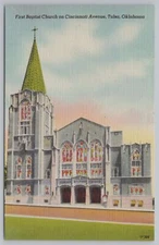 Linen~First Baptist Church On Cincinnati Avenue~Tulsa Oklahoma~Vintage Postcard