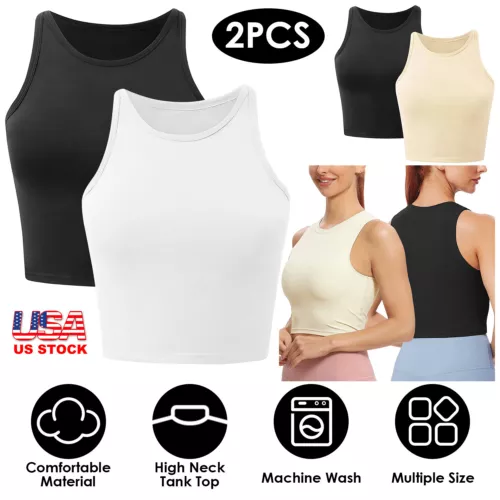2PCS Women Basic Casual Stretch Crop Cropped Tank Top Shirt Sleeveless Exercise