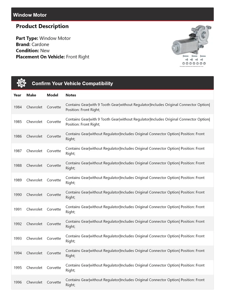 Para 1984-1996 Chevrolet Corvette motor de janela dianteiro direito Cardone 1985 1986 1987 - Imagem 2 de 4