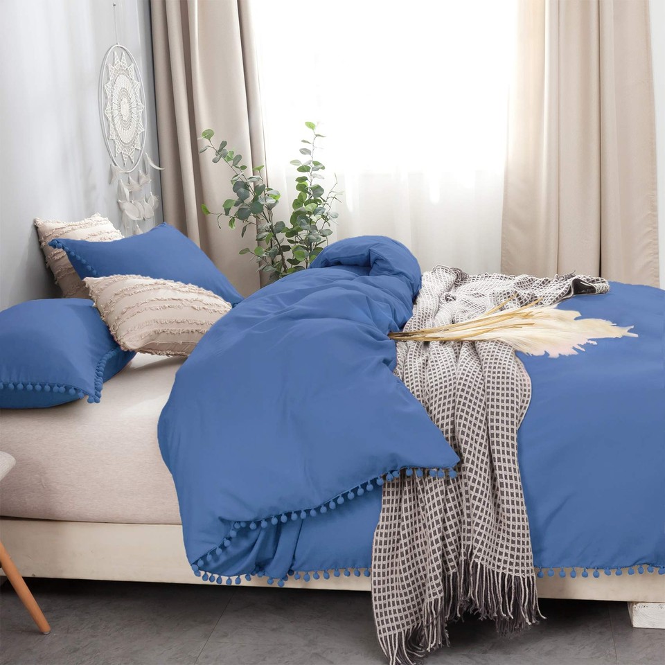 Bowavat Pom Pom Fringe Duvet Cover King Size,100 Washed Microfiber 3
