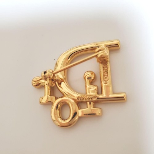 Christian Dior Brooch Pin badge Gold Logo Rhinestone Vintage - Picture 2 of 2