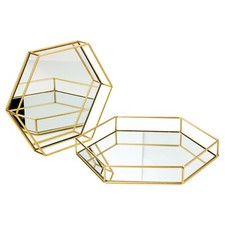 Hexagon Mirror Plate Jewellery Platter Metal Gold Frame Display Cosmetic Tray
