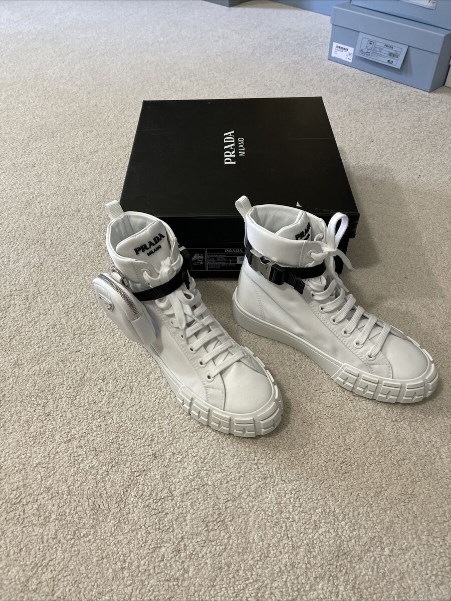 Prada White Re-Nylon High Top Sneakers Booties with Pouches Prada White Re-Nylon High Top Sneakers Booties with Pouches