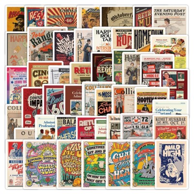 50pc Waterproof Vinyl Stickers Retro Vintage Posters Luggage Phone Laptop Fridge