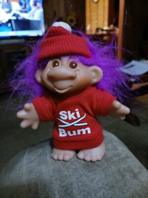 Vintage Troll Doll 5'' Dam Norfin- 1986 Ski Bum 5411- Purple Hair Complete W/ Hat