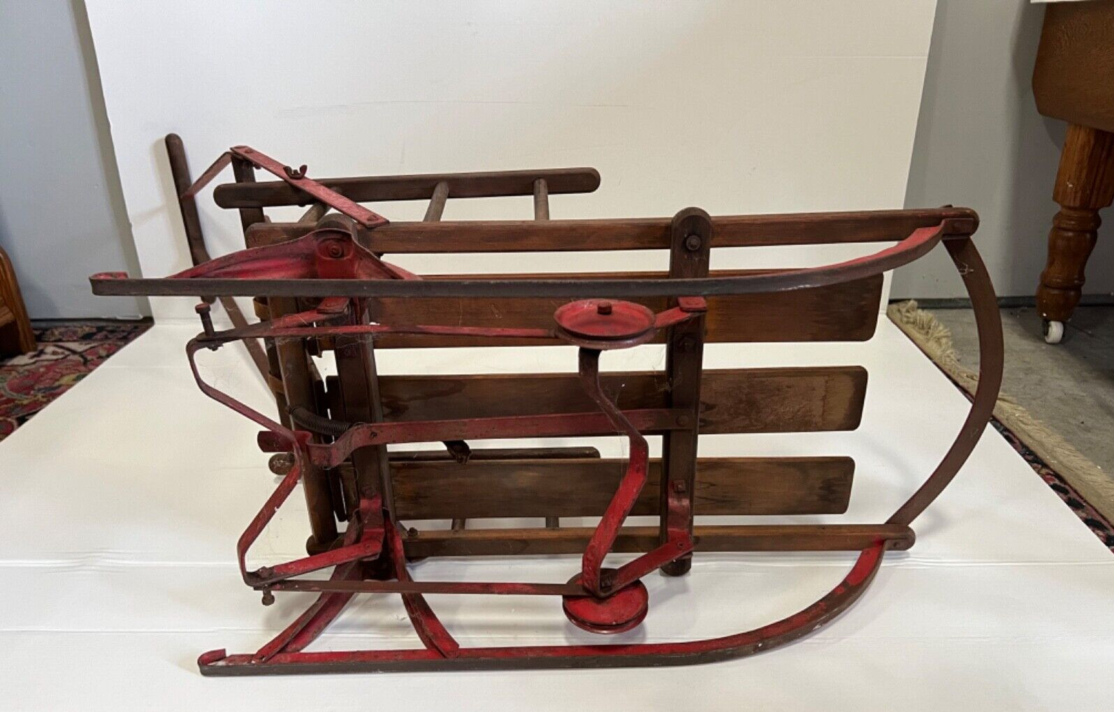 Vintage Antique Wood Baby Child Sled Back Rest with Metal Runners
